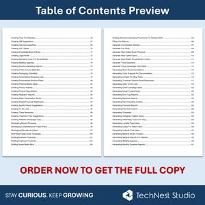 May include: A preview of a table of contents from a document, with a blue header and a white background. The text includes various topics like creating content, reports, and social media strategies. The bottom text says "Order now to get the full copy."