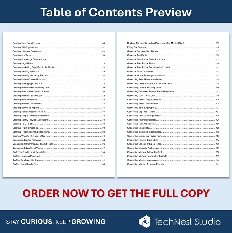 May include: A preview of a table of contents from a document, with a blue header and a white background. The text includes various topics like creating content, reports, and social media strategies. The bottom text says "Order now to get the full copy."