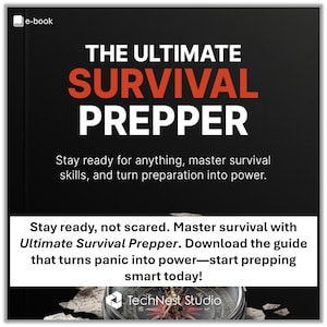 Peut inclure: Couverture noire d'un ebook avec le titre "THE ULTIMATE SURVIVAL PREPPER" en lettres blanches et rouges. Le texte encourage les lecteurs à maîtriser les compétences de survie et à transformer la préparation en pouvoir. Inclut le texte "Restez prêt, pas effrayé."