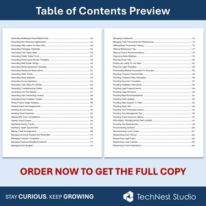 May include: A preview of a table of contents, featuring a list of topics with page numbers. The document includes titles like "Generating Social Media Posts" and "Managing Investments." The phrase "Order Now to Get the Full Copy" is visible at the bottom.