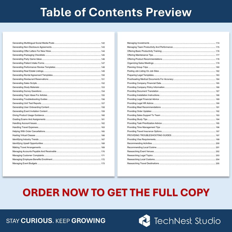 May include: A preview of a table of contents, featuring a list of topics with page numbers. The document includes titles like "Generating Social Media Posts" and "Managing Investments." The phrase "Order Now to Get the Full Copy" is visible at the bottom.