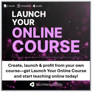 May include: A promotional graphic with the text "LAUNCH YOUR ONLINE COURSE" in large, pink letters. The graphic includes the text "Create, launch & profit from your own course" and "TechNest Studio" at the bottom. The background is dark with bokeh effects.