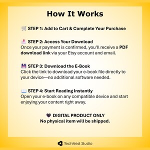 May include: A yellow and white graphic with the title "How It Works" and instructions for purchasing and downloading an e-book. The steps include adding to cart, accessing the download, downloading the e-book, and starting to read. The text states that it is a digital product only.