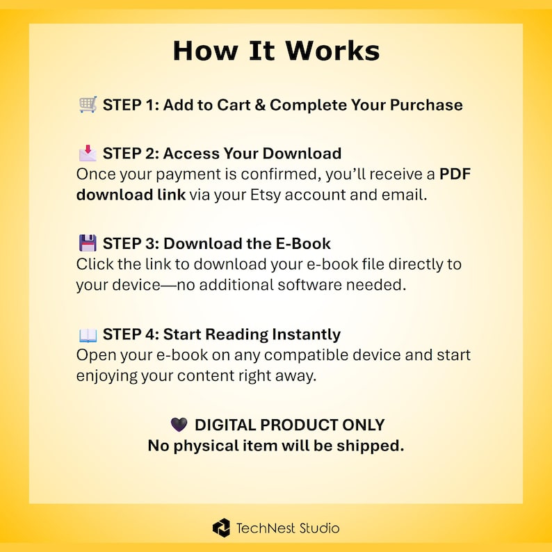 May include: A yellow and white graphic with the title "How It Works" and instructions for purchasing and downloading an e-book. The steps include adding to cart, accessing the download, downloading the e-book, and starting to read. The text states that it is a digital product only.