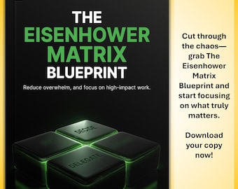Puede incluir: La portada de un libro electrónico titulado "The Eisenhower Matrix Blueprint" en texto verde y blanco sobre un fondo negro. El libro promete reducir la sobrecarga y centrarse en el trabajo de alto impacto. Cuatro cuadrados verdes brillantes.