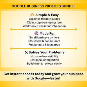May include: A yellow graphic with the text "GOOGLE BUSINESS PROFILES BUNDLE." The graphic lists benefits such as beginner-friendly guides, and solving problems like low visibility. It also states "Get instant access today and grow your business with Google-faster!"