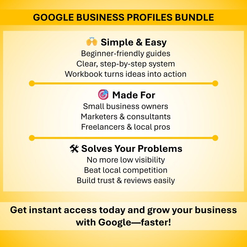 May include: A yellow graphic with the text "GOOGLE BUSINESS PROFILES BUNDLE." The graphic lists benefits such as beginner-friendly guides, and solving problems like low visibility. It also states "Get instant access today and grow your business with Google-faster!"
