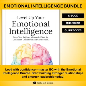 Puede incluir: La imagen muestra el "Emotional Intelligence Bundle" con el título "Level Up Your Emotional Intelligence". Incluye un libro electrónico, una lista de verificación y guías. La portada presenta una ilustración de un cerebro. El texto anima a construir relaciones más sólidas y un liderazgo más inteligente.
