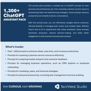 May include: A blue graphic with the text "1,300+ ChatGPT Assistant Pack." The pack offers prompts for personal and professional use, including customer service, marketing, and productivity. The image also includes the text "What's Inside:" and a list of features.