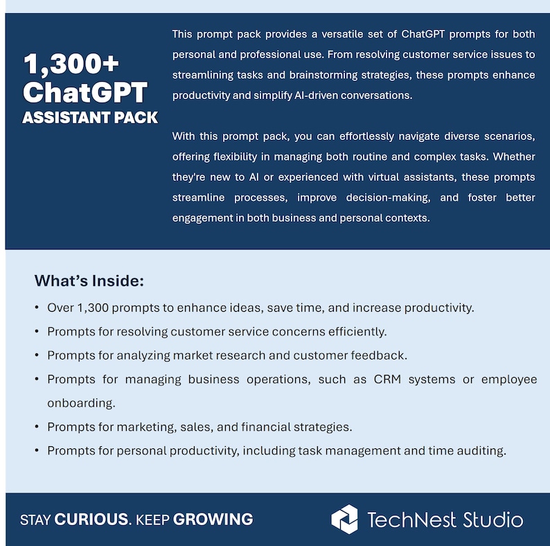 May include: A blue graphic with the text "1,300+ ChatGPT Assistant Pack." The pack offers prompts for personal and professional use, including customer service, marketing, and productivity. The image also includes the text "What's Inside:" and a list of features.
