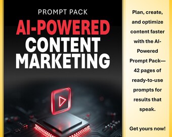 Puede incluir: Imagen promocional para un paquete de indicaciones de marketing de contenidos con tecnología de IA. El título, "AI-POWERED CONTENT MARKETING", está en texto blanco grande con "AI-POWERED" en rojo. Un botón de reproducción rojo brillante flota sobre una placa de circuito.