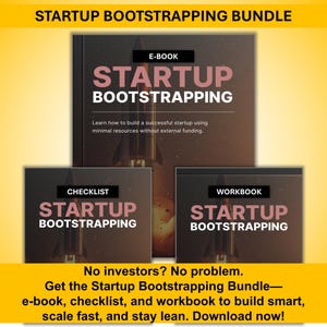 Könnte beinhalten: Ein Bundle digitaler Ressourcen für Startups, einschließlich E-Book, Checkliste und Arbeitsbuch. Der Titel "STARTUP BOOTSTRAPPING" ist auf jedem Artikel prominent dargestellt. Das Bild hat eine Raketengrafik und ein gelb-schwarzes Farbschema.