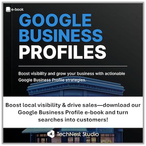 May include: An e-book cover with the title "GOOGLE BUSINESS PROFILES" in large blue and white letters. The cover also includes the text "Boost visibility and grow your business with actionable Google Business Profile strategies."