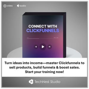Pode incluir: Uma caixa de produto digital com o texto "CONNECT WITH CLICKFUNNELS" em branco e azul. A caixa tem um fundo gradiente de roxo e rosa. Abaixo, o texto: "Transforme ideias em renda - domine o Clickfunnels para vender produtos, construir funis e aumentar as vendas."