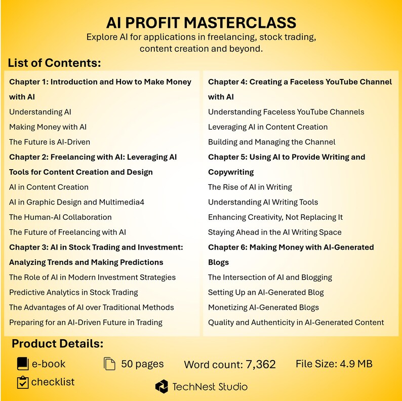May include: An e-book titled "AI Profit Masterclass" with a checklist, exploring AI applications in freelancing, stock trading, and content creation. The book has 50 pages, a word count of 7,362, and a file size of 4.9 MB. The cover includes a list of contents.