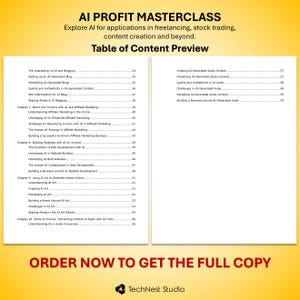 May include: A promotional image for the "AI Profit Masterclass" course. The image features the title, a table of contents preview, and the call to action "Order Now to Get the Full Copy." The course explores AI applications in freelancing, stock trading, and content creation.
