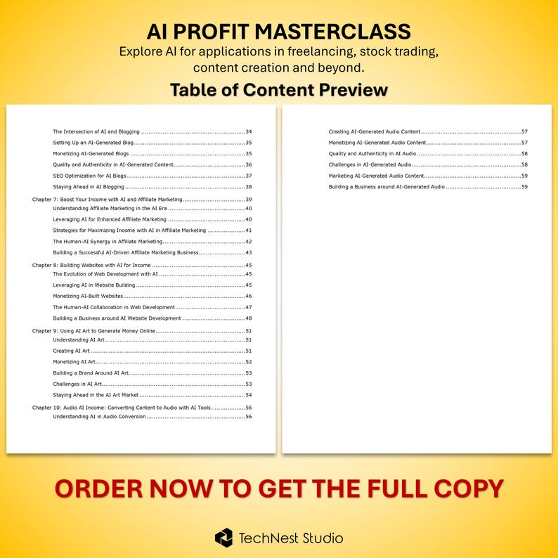 May include: A promotional image for the "AI Profit Masterclass" course. The image features the title, a table of contents preview, and the call to action "Order Now to Get the Full Copy." The course explores AI applications in freelancing, stock trading, and content creation.