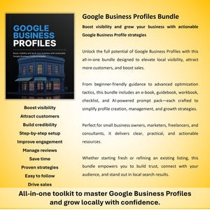 May include: A book cover titled "Google Business Profiles" with a graphic of a building. The text highlights strategies to boost visibility, attract customers, and improve engagement. The bundle includes an e-book, guidebook, and workbook.