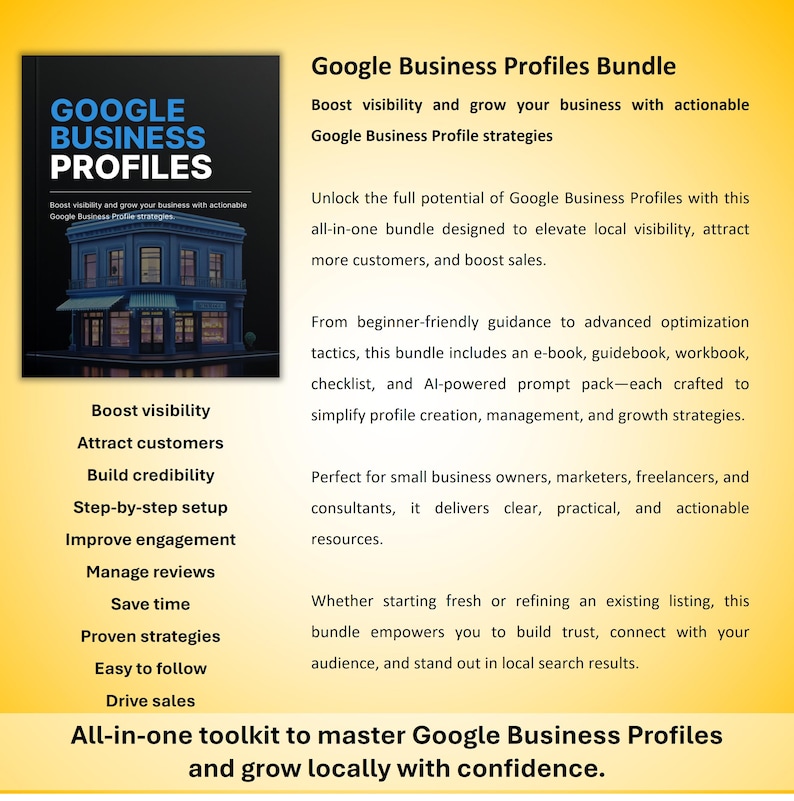 May include: A book cover titled "Google Business Profiles" with a graphic of a building. The text highlights strategies to boost visibility, attract customers, and improve engagement. The bundle includes an e-book, guidebook, and workbook.