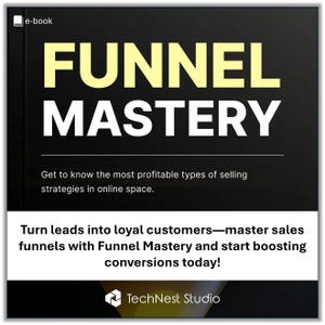 Peut inclure: Couverture d'un e-book avec le titre "FUNNEL MASTERY" en grand texte jaune et blanc sur fond noir. La couverture comprend le texte "Apprenez les types de stratégies de vente les plus rentables en ligne."
