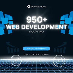 Può includere: Grafica digitale con la scritta "950+ WEB DEVELOPMENT PROMPT PACK" in lettere bianche su sfondo blu scuro. Sono visibili anche le parole "Instant Download" e "Get Your Copy Today!".