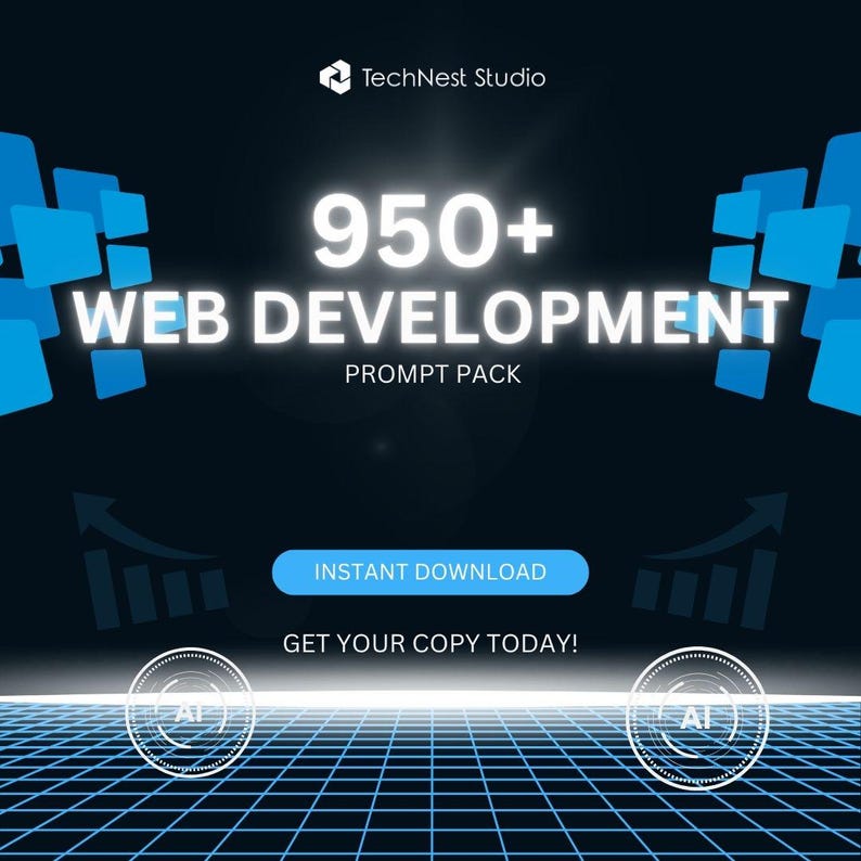 K&ouml;nnte beinhalten: Eine digitale Grafik mit dem Text "950+ WEB DEVELOPMENT PROMPT PACK" in wei&szlig;en Buchstaben auf dunklem blauem Hintergrund. Die W&ouml;rter "Instant Download" und "Get Your Copy Today!" sind ebenfalls sichtbar.