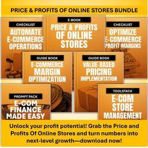 Offre groupée Prix et bénéfices des boutiques en ligne - E-book sur la tarification et la rentabilité du commerce électronique, listes de contrôle, guides, invites d'IA, Toolstack