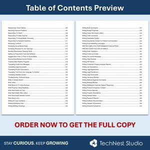 May include: A preview of a table of contents from TechNest Studio, featuring a list of writing-related topics. The document includes sections on various writing tasks, from legal documents to social media content, and ends with a call to action.