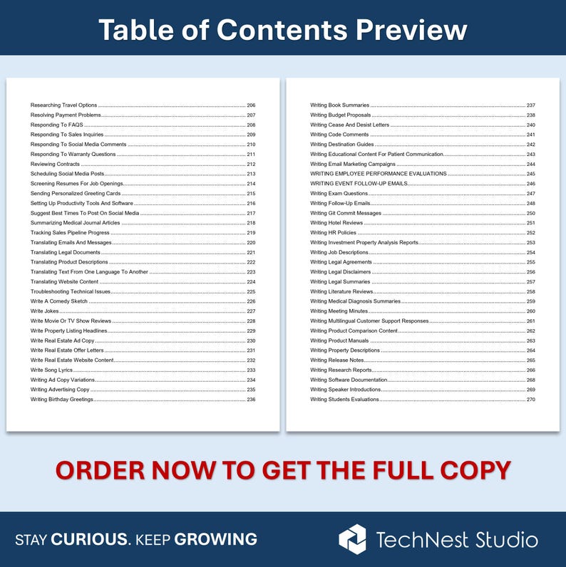 May include: A preview of a table of contents from TechNest Studio, featuring a list of writing-related topics. The document includes sections on various writing tasks, from legal documents to social media content, and ends with a call to action.