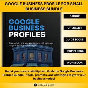 Może przedstawiać: Pakiet zasobów cyfrowych dla profili Google Moja Firma. Okładka zawiera napis "GOOGLE BUSINESS PROFILES" w kolorze białym i niebieskim, z ilustracją niebieskiego budynku. Zawiera e-book, listę kontrolną, przewodniki, pakiet promptów i zeszyt ćwiczeń.