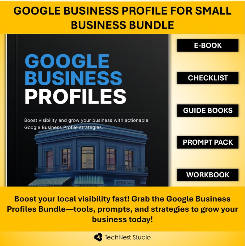 May include: A bundle of digital resources for Google Business Profiles. The cover features the title "GOOGLE BUSINESS PROFILES" in white and blue, with a blue building illustration. Includes an e-book, checklist, guide books, prompt pack, and workbook.