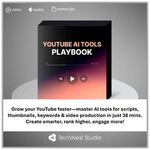 May include: A black box with the text "YOUTUBE AI TOOLS PLAYBOOK" in white and orange. The box has a gradient background of orange and purple. The image also includes the text "Grow your YouTube faster-master AI tools for scripts, thumbnails, keywords & video production in just 38 mins."