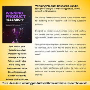May include: A book cover titled "Winning Product Research" with a purple and black design. The cover includes text and a graphic of a trophy. The book promises strategies to find winning products, validate demand, and drive success.