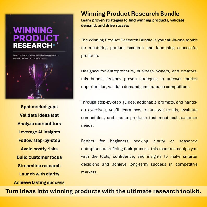 May include: A book cover titled "Winning Product Research" with a purple and black design. The cover includes text and a graphic of a trophy. The book promises strategies to find winning products, validate demand, and drive success.