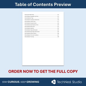 K&ouml;nnte beinhalten: Vorschau des Inhaltsverzeichnisses eines Website-Leitfadens mit Themen wie Social-Media-Beitr&auml;ge, Bildoptimierung und Nutzungsbedingungen. Der Text "Order Now to Get the Full Copy" ist rot. Das TechNest Studio-Logo befindet sich unten rechts.