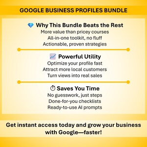 May include: A yellow and white graphic promoting a Google Business Profiles Bundle. The text highlights the bundle's value, utility, and time-saving features. It promises to help users grow their business faster with Google.