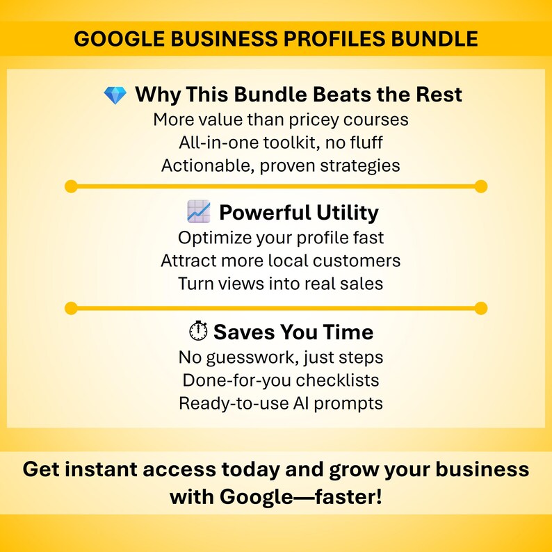 May include: A yellow and white graphic promoting a Google Business Profiles Bundle. The text highlights the bundle's value, utility, and time-saving features. It promises to help users grow their business faster with Google.