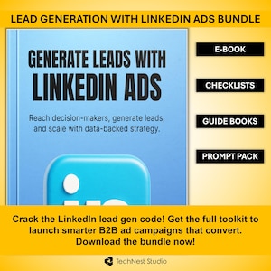 Puede incluir: Un paquete de recursos de marketing digital para anuncios de LinkedIn. La portada del libro electrónico dice "Generar clientes potenciales con LinkedIn Ads". Los recursos adicionales incluyen listas de verificación, guías y un paquete de indicaciones. La imagen tiene un esquema de color azul y amarillo.