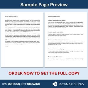 May include: A preview of a sample page with the title "Sample Page Preview." The page is divided into two sections: "ChatGPT Assistants Prompts" and "Addressing Shipping Concerns." The text includes prompts and templates for customer service.