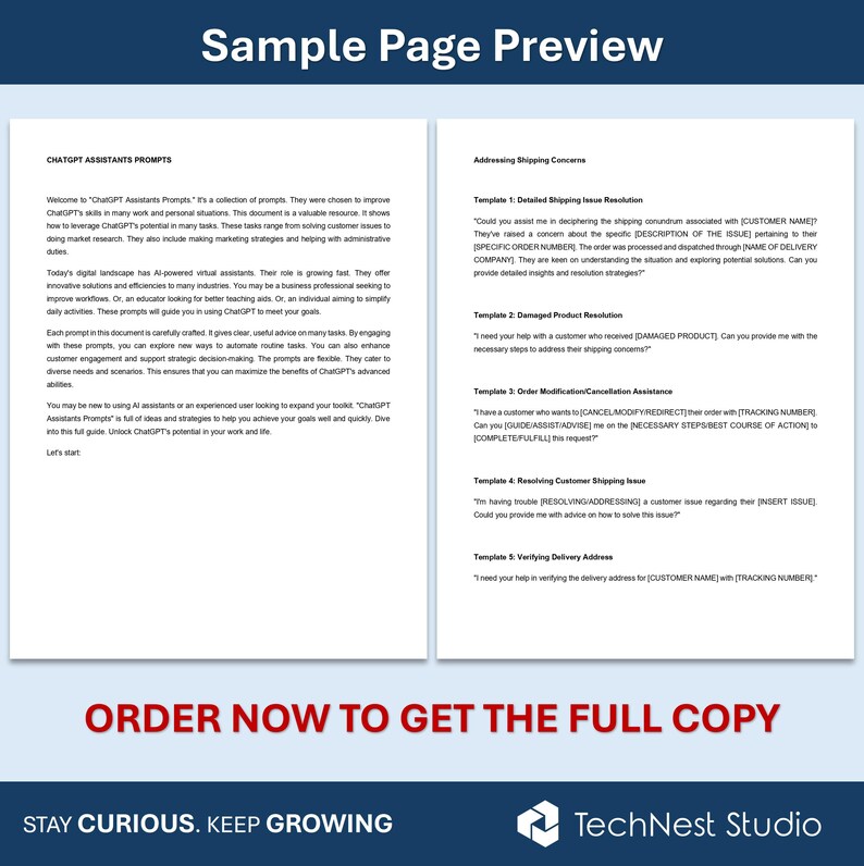 May include: A preview of a sample page with the title "Sample Page Preview." The page is divided into two sections: "ChatGPT Assistants Prompts" and "Addressing Shipping Concerns." The text includes prompts and templates for customer service.