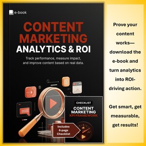 May include: An ebook cover with the title "CONTENT MARKETING ANALYTICS & ROI" in large red and white letters. The cover includes a magnifying glass over a play button, icons, and the text "Track performance, measure impact, and improve content based on real data."