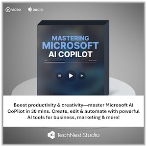 Może przedstawiać: Ciemnoniebieskie pudełko z białym i niebieskim napisem "MASTERING MICROSOFT AI COPILOT". Pudełko posiada elementy sterowania wideo oraz tekst "Zwiększ produktywność i kreatywność - opanuj Microsoft AI CoPilot w 30 minut". Logo TechNest Studio znajduje się na dole.