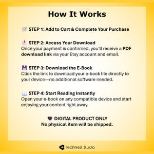 May include: A yellow graphic with the title "How It Works" and four steps to download an e-book. The steps include adding to cart, accessing the download, downloading the e-book, and starting to read. The text also states that it is a digital product only.