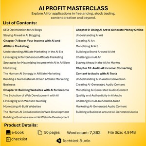 May include: A digital product titled "AI Profit Masterclass" with a list of contents covering AI applications in freelancing, stock trading, and content creation. Includes an e-book, checklist, 50 pages, 7,362 words, and a file size of 4.9 MB.