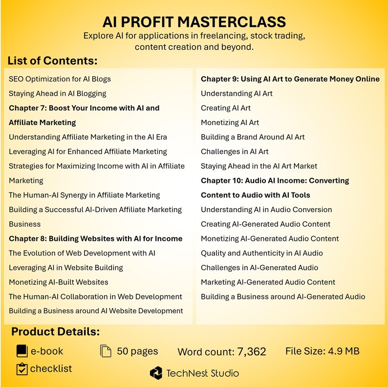 May include: A digital product titled "AI Profit Masterclass" with a list of contents covering AI applications in freelancing, stock trading, and content creation. Includes an e-book, checklist, 50 pages, 7,362 words, and a file size of 4.9 MB.