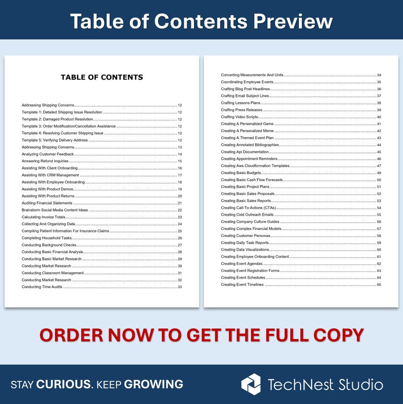 May include: A digital document preview with a blue header, titled "Table of Contents Preview." The table lists various topics, including shipping concerns, customer feedback, and financial statements. The bottom of the image has the text "Order Now to Get the Full Copy."