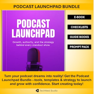 Op de afbeelding: Een paarse boekomslag met de titel "PODCAST LAUNCHPAD" in grote witte letters. De omslag bevat ook de tekst "Growth, authority, and the strategy behind every standout show." en een microfoongrafiek. Extra tekst omvat "E-BOOK", "CHECKLISTS", "GUIDE BOOKS" en "PROMPT PACK".