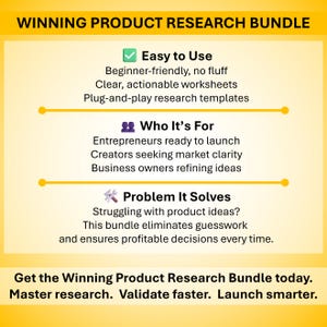 May include: A yellow and white graphic with the text "WINNING PRODUCT RESEARCH BUNDLE." The graphic highlights the bundle's ease of use, target audience, and problem-solving capabilities. It includes the text "Easy to Use," "Who It's For," and "Problem It Solves."