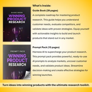 May include: Two books titled "WINNING PRODUCT RESEARCH" are displayed. The guide book has 39 pages and the prompt pack has 15 pages. The text says to turn ideas into winning products with the ultimate research toolkit.