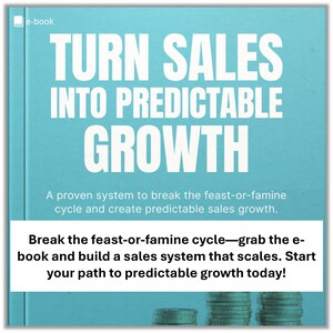 May include: An e-book cover with the title "TURN SALES INTO PREDICTABLE GROWTH" in large white letters on a light blue background. The text below reads: "A proven system to break the feast-or-famine cycle and create predictable sales growth."